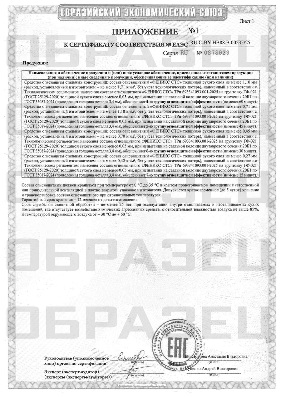 Приложение № 1 к сертификату: группы огнезащитной эффективности Феникс СТС
